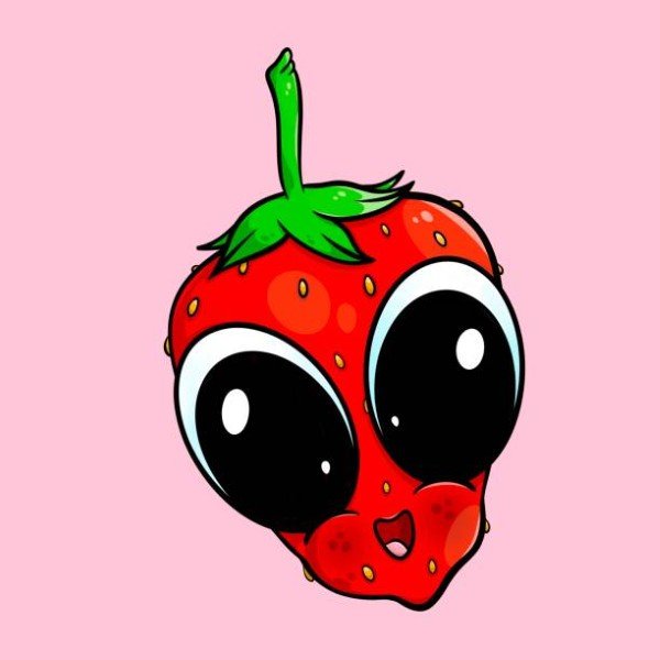 Cute face strawberry with big cartoon eyes.