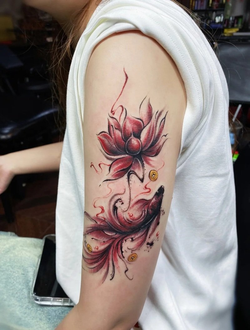 hình xăm cá chép hoa sen 17