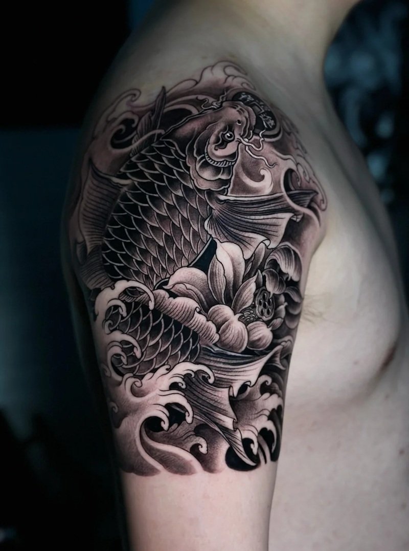 hình xăm cá chép hoa sen 9