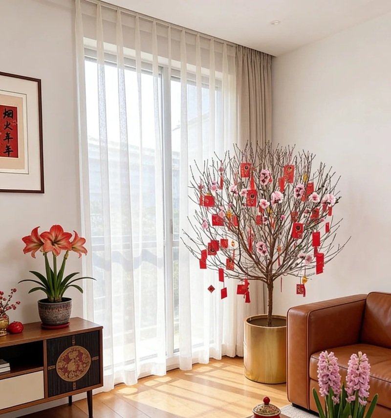 trang trí cây đào ngày tết