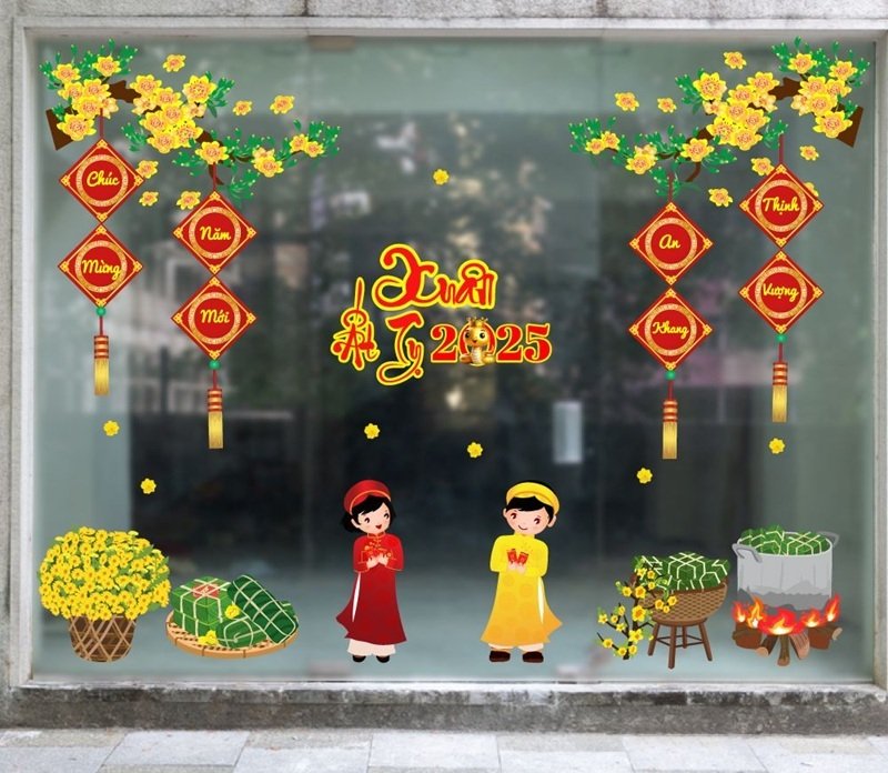 trang trí tết trên cửa kính 2025 cho công ty 12