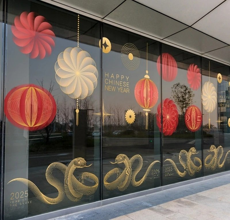 trang trí tết trên cửa kính 2025 cho công ty 16