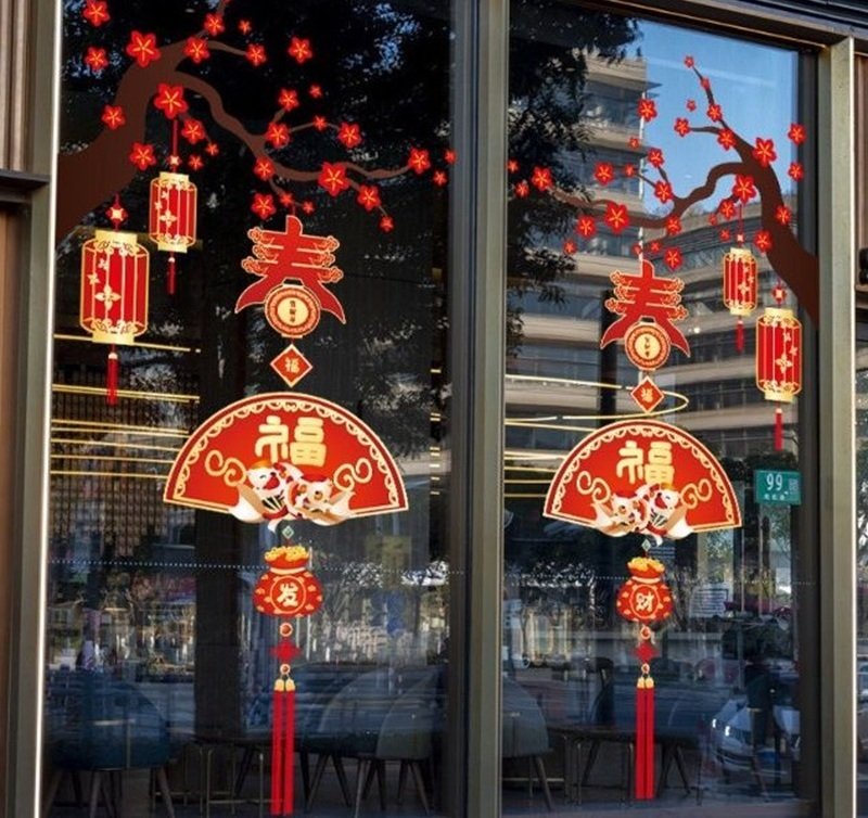 trang trí tết trên cửa kính 2025 cho công ty 9
