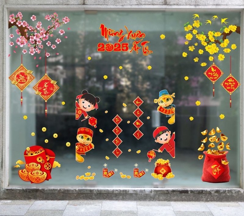 trang trí tết trên cửa kính 2025 cho khách sạn 15