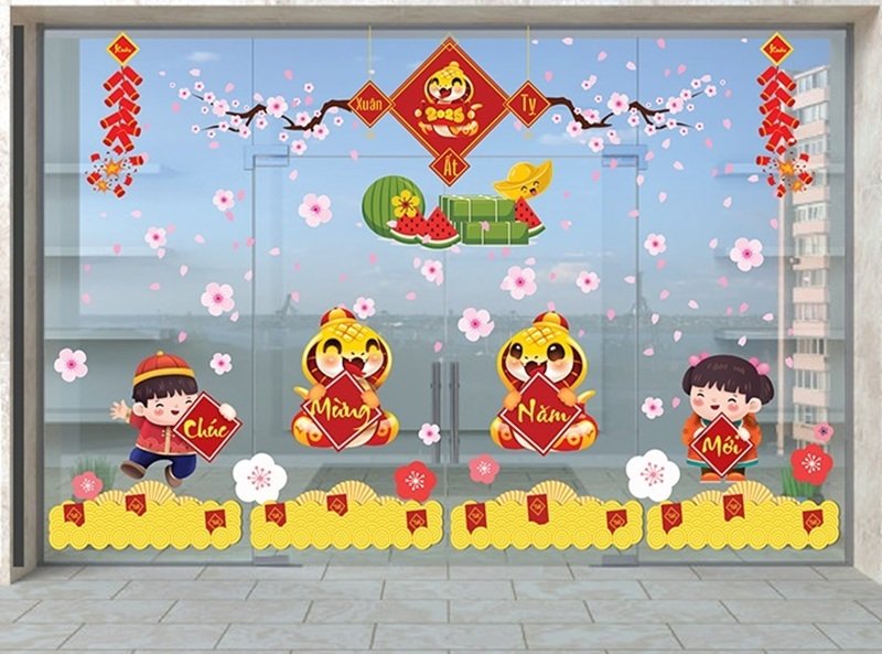 trang trí tết trên cửa kính 2025 cho khách sạn 6