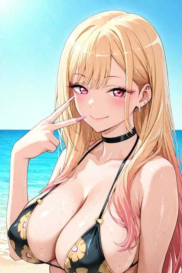 Nhân vật anime nữ bikini dưới bầu trời trong