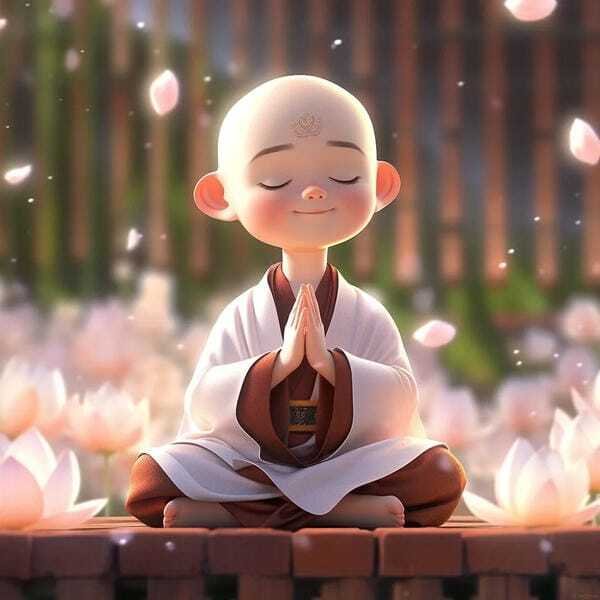 Chú tiểu mỉm cười giữa khung cảnh thiên nhiên
